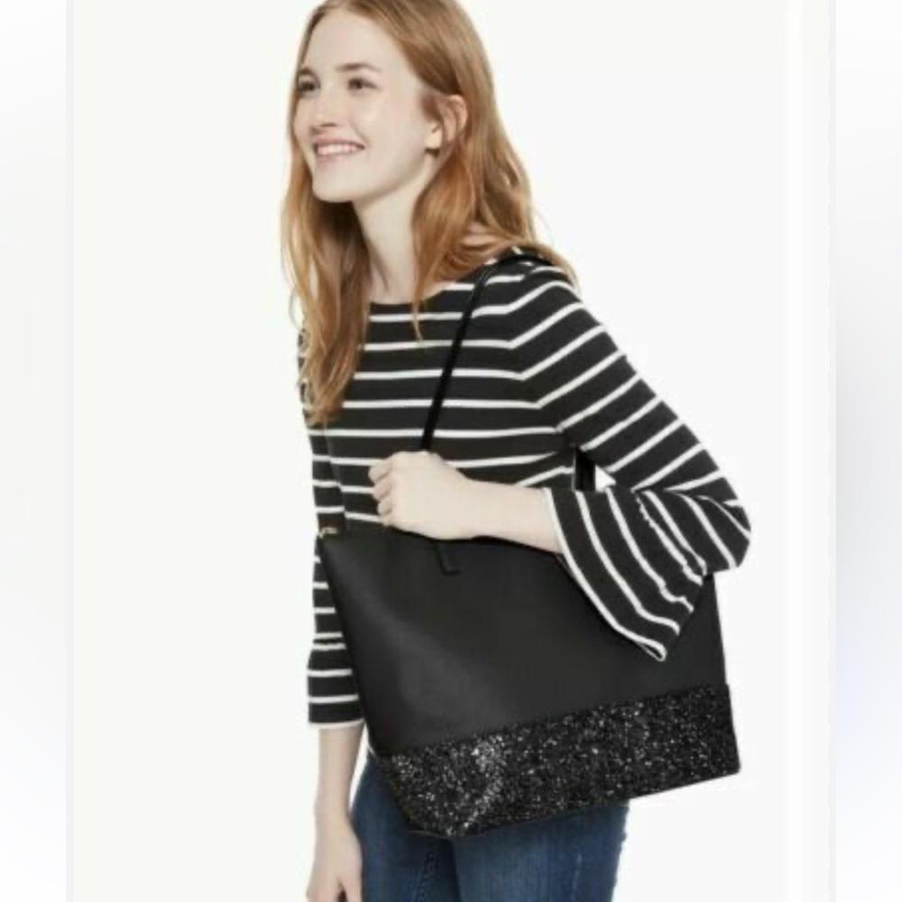 Kate spade ♠️ black leather glitter trim‎ tote bag GUC
